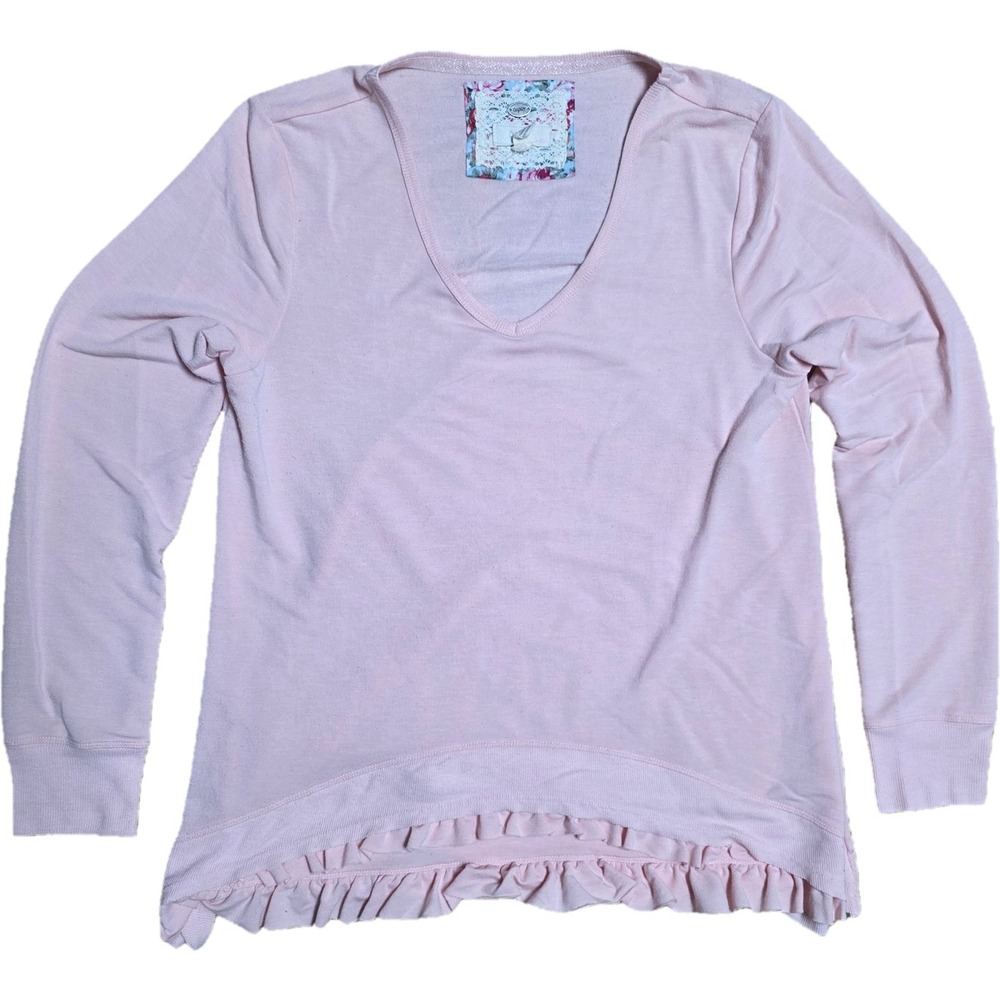 Cupio Women's Blush Pink Long Sleeve V-Neck Ruffle Hem Sweater Top Size L